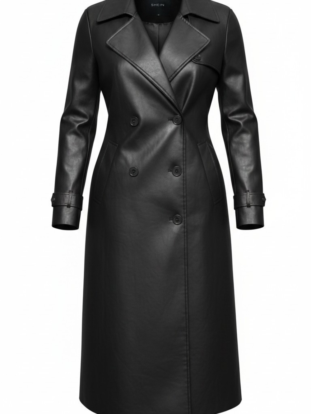 SHEIN Black Faux Leather Double-Breasted Trench Coat